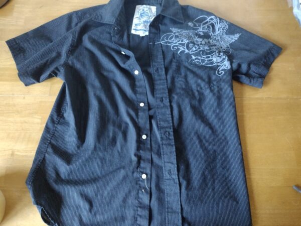 Machine Shirt Men's Button Up Short Sleeve Collared Black Pin Stripe M Skull Medium