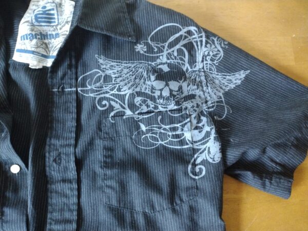 Machine Shirt Men's Button Up Short Sleeve Collared Black Pin Stripe M Skull Medium - Image 3