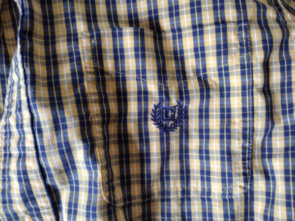 Chaps Button Up Shirt Size Medium Yellow Blue Plaid Long Sleeve Stretch Easy Care Logo - Image 2