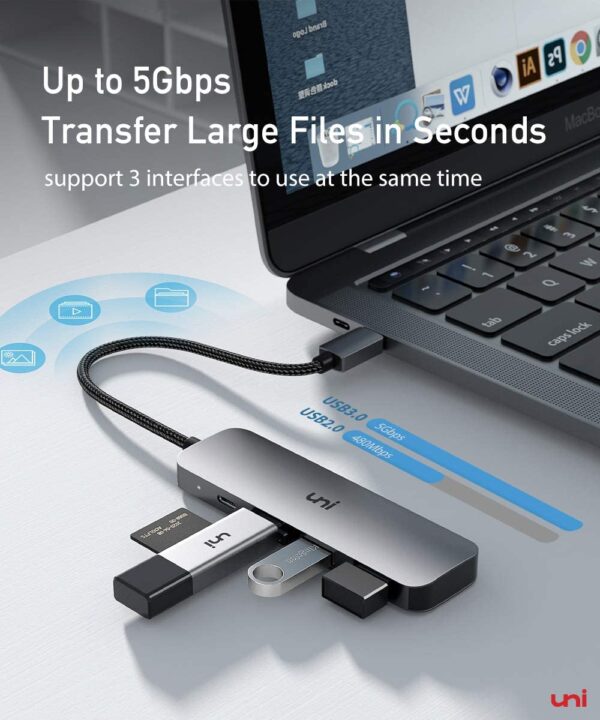 uni USB-C to USB Hub with 100W PD, Slim Aluminum Nylon High Speed USB Adapter - Image 3